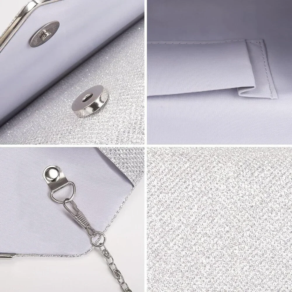 Women's Sliver Sparkling Envelope Bag With Detachable Chain Clutch Purses